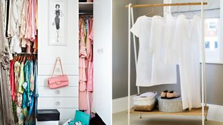 two images in a collage to show a white wardrobe packed with clothes and a freestanding clothes rail with white items hanging to show Trinny's clothes rail styling tip