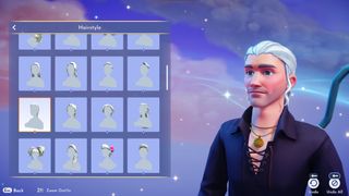 Disney Dreamlight Valley character creator - A character that looks like Geralt of Rivia with white hair in a ponytail, a gold necklace, and a black collared shirt.