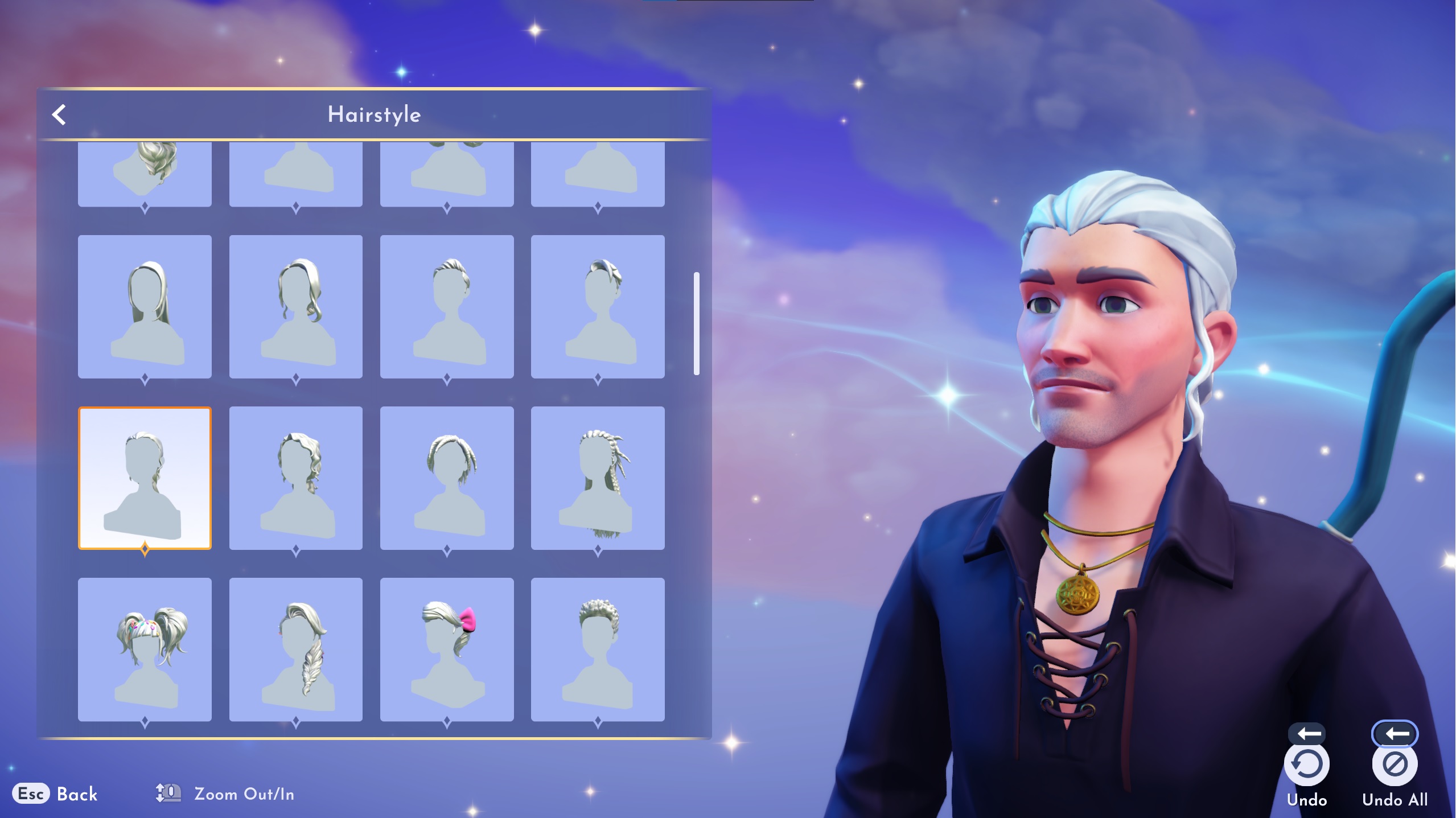Disney Dreamlight Valley Character Creator - Geralt of Rivia-like characters with ponytails, white hair, gold necklaces, and black collared shirts.