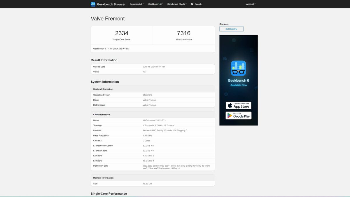 Geekbench screenshots of "Valve Fremont" Steam Machine scores and chipset specs.