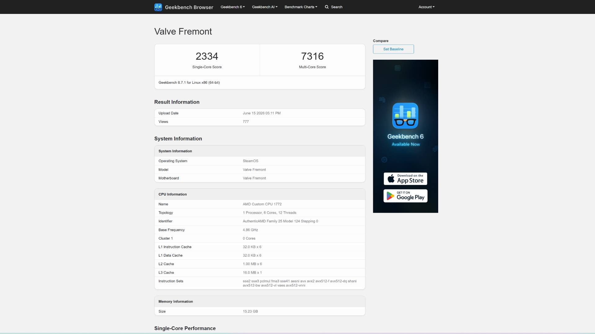 Geekbench screenshots of "Valve Fremont" Steam Machine scores and chipset specs.
