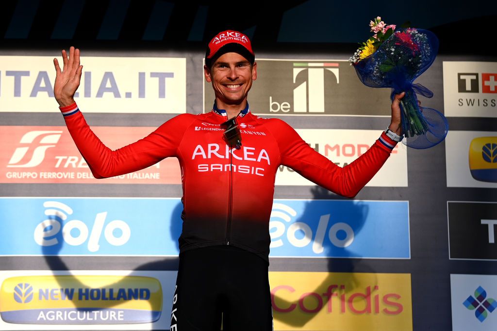 FERMO ITALY MARCH 11 Warren Barguil of France and Team Arka Samsic celebrates at podium as stage winner during the 57th TirrenoAdriatico 2022 Stage 5 a 155km stage from Sefro to Fermo 317m TirrenoAdriatico WorldTour on March 11 2022 in Fermo Italy Photo by Tim de WaeleGetty Images