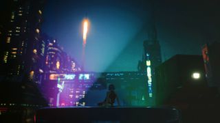 A modder dressed as Lucy sits atop a house in Cyberpunk 2077