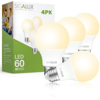  Sigalux LED Light Bulbs 60 Watt Equivalent A19 Standard Light Bulbs 2700K Warm, Non-Dimmable Energy Efficient 9.5W LED Soft White Bulb with E26 Medium Base, 800 Lumens, UL Listed, 4 Pack Roll over image to zoom in VIDEO Product Energy Guide Sigalux LED Light Bulbs 60 Watt Equivalent