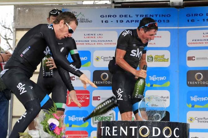 Bradley Wiggins and Sky celebrate on the Giro del Trentino podium.