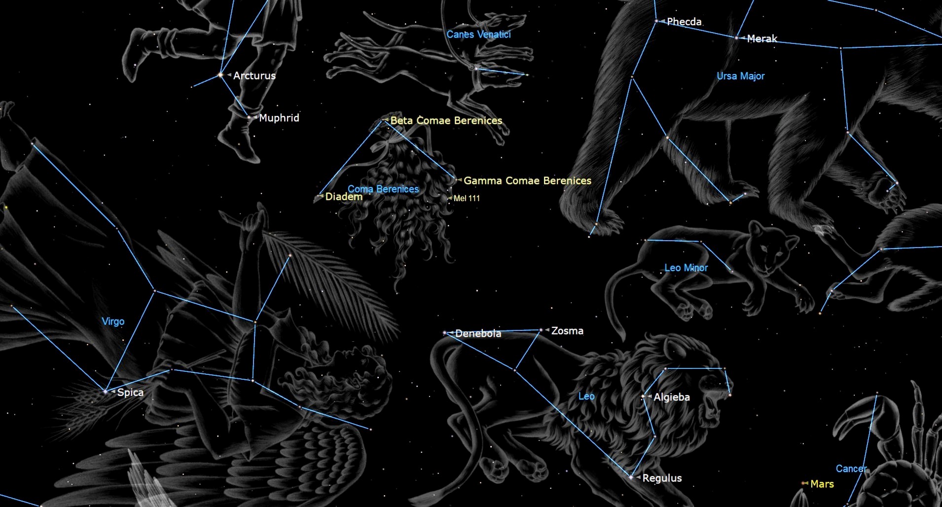 night sky map graphic showing the constellation Coma Berenices.
