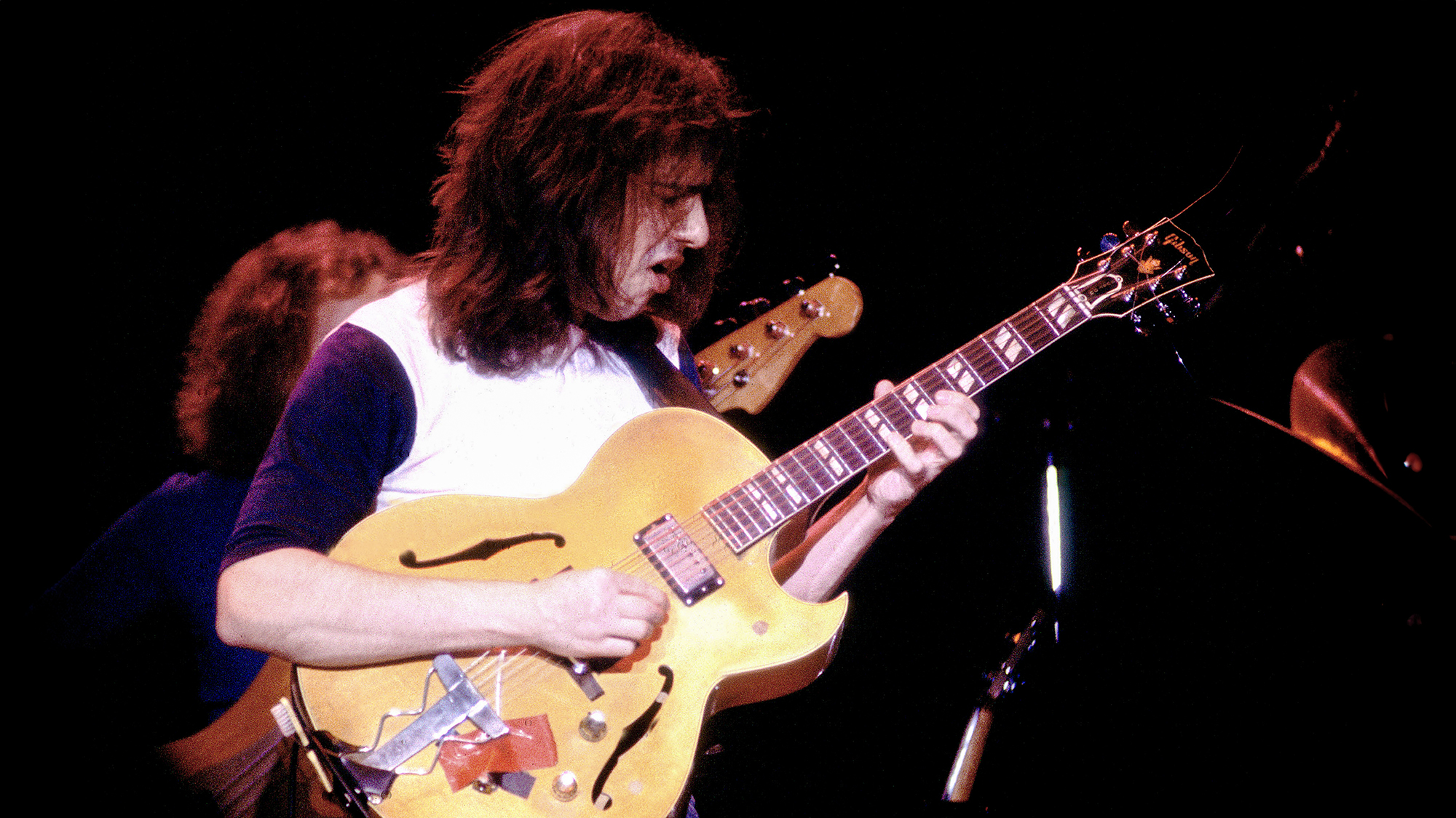 American jazz musician Pat Metheny plays guitar during a performance, Chicago, Illinois, July 19, 1985.