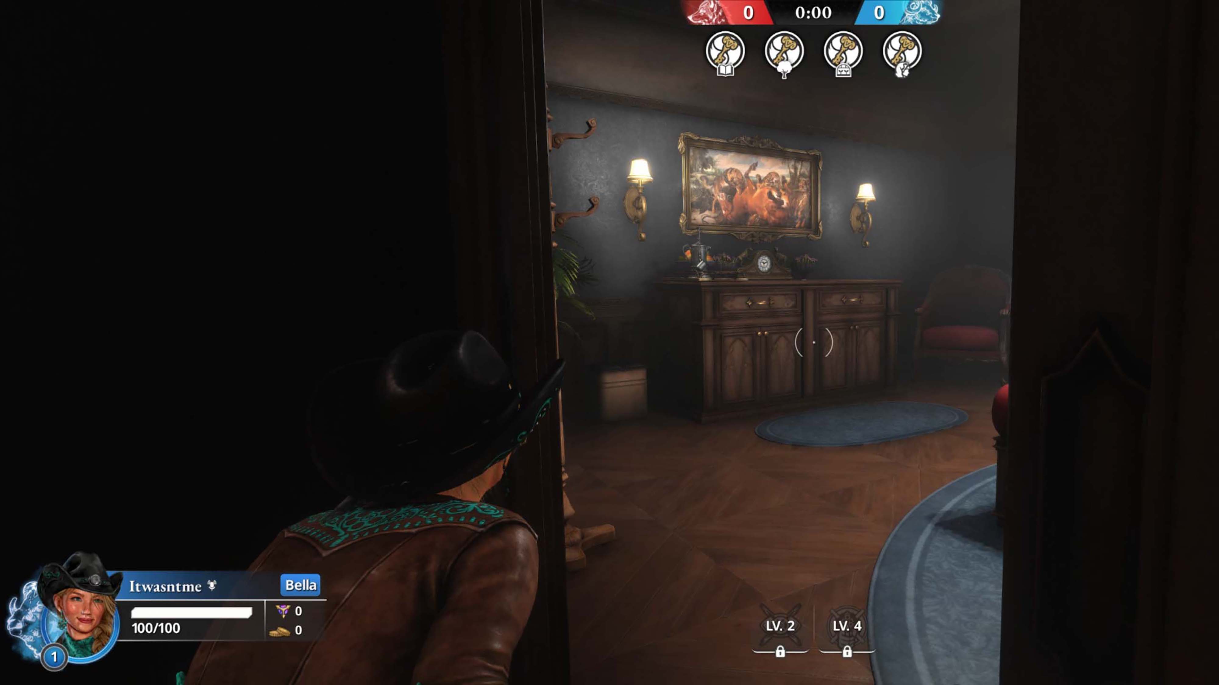 A screenshot from Killer Inn depicting a woman ducking and hiding in a closet.