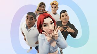 Five Meta Horizon OS updated avatars posing together in front of a gradient background including the Meta logo