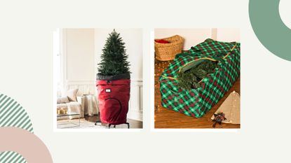 Two of the best Christmas tree storage bags on a collage background. An upright rolling red Christmas tree storage bag partially up an artificial tree on the left and a green and red plaid tree storage bag unzipped on a wooden floor on the right.