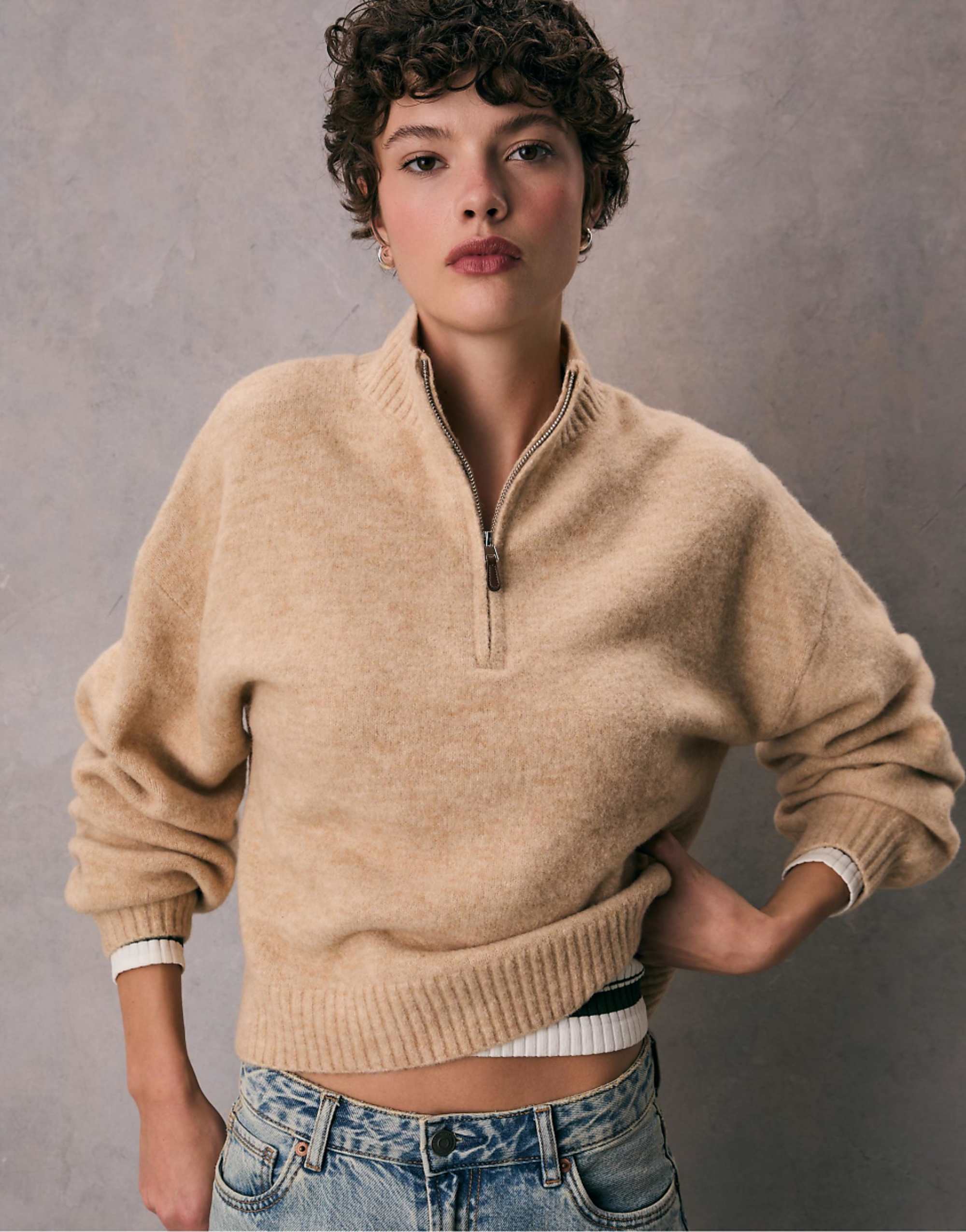 Stradivarius Knit Jumper With Zip in Beige