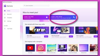 A screenshot of Microsoft ClipChamp with a circle around the Create a video with AI button on the home page