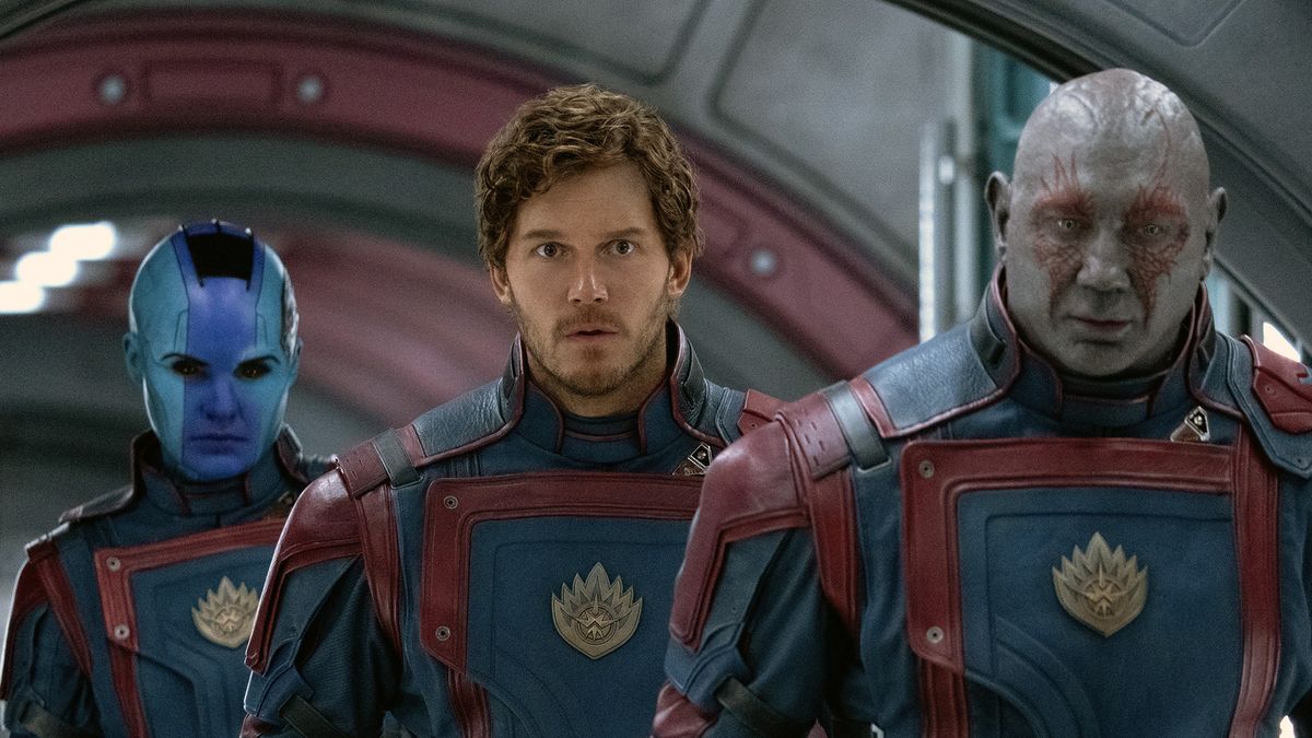 (L-R): Karen Gillan as Nebula, Chris Pratt as Peter Quill/Star-Lord, and Dave Bautista as Drax in Marvel Studios&#039; Guardians of the Galaxy Vol. 3