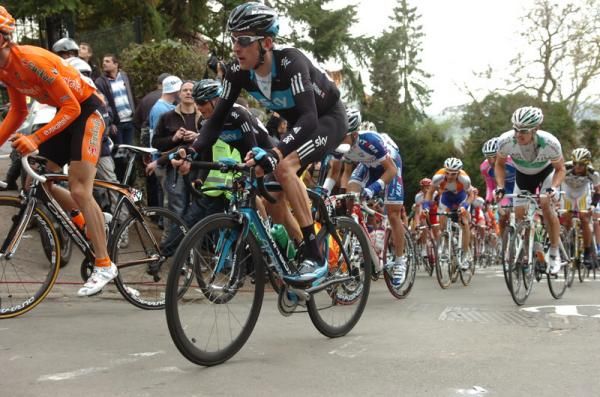 Bradley Wiggins (Team Sky) climbs in the bunch.
