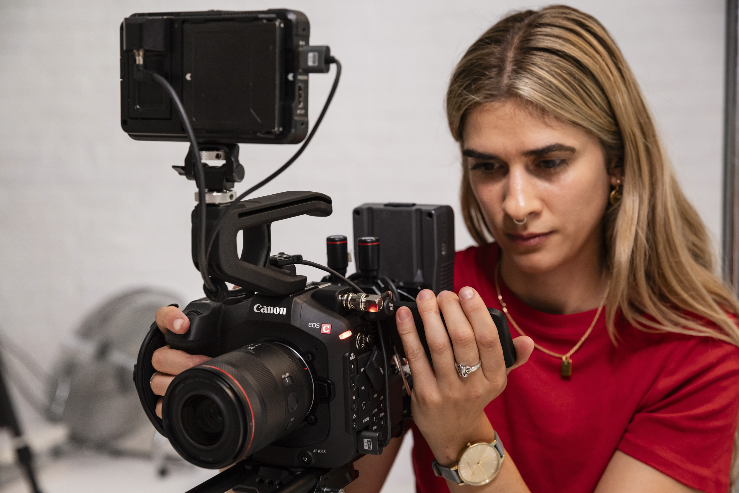 Canon EOS C80 cinema camera in the hands of filmmaker