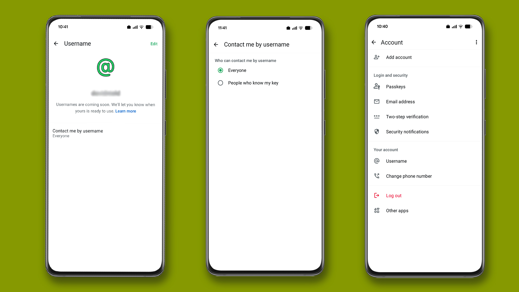 Three phones showing the process for reserving your WhatsApp username