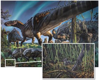 An inset panel shows the tiny animal amidst duck-billed dinosaurs (<em>Ugrunaaluk kuukpikensis</em>), whose fossils have also been found in Alaska's North Slope.