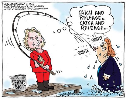 Political cartoon U.S. 2016 election Donald Trump Hillary Clinton debate bait