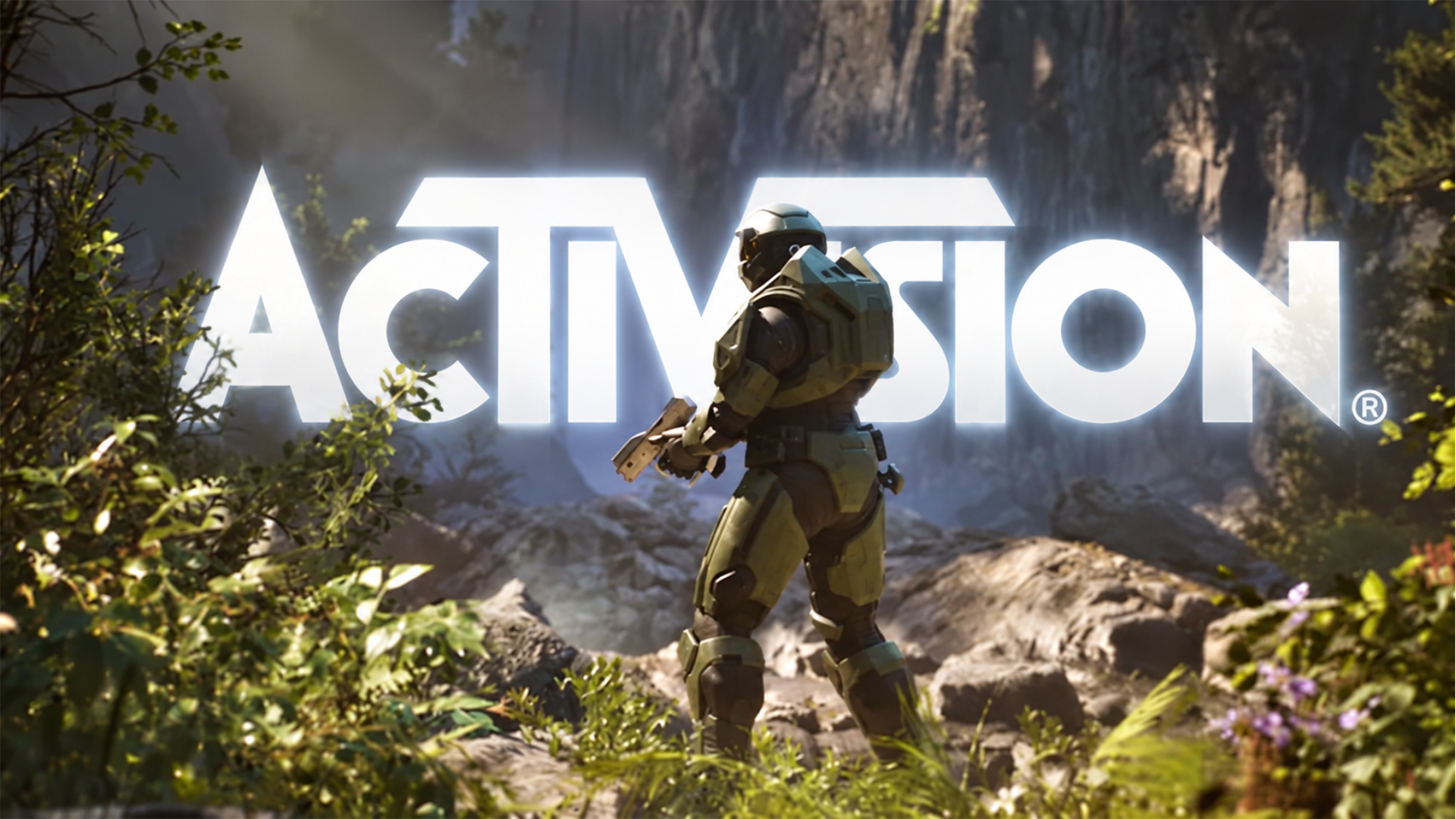 Master Chief stands in a lush Halo environment with a large glowing Activision logo in the background.