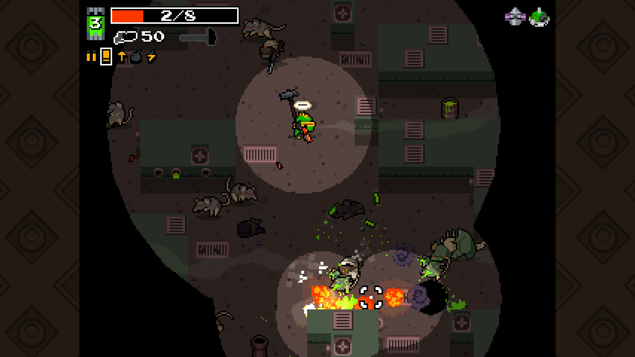 A Nuclear Throne character in a green outfit wields a weapon in a chaotic, top-down battle scene filled with explosions and various enemies on a dark, textured ground.