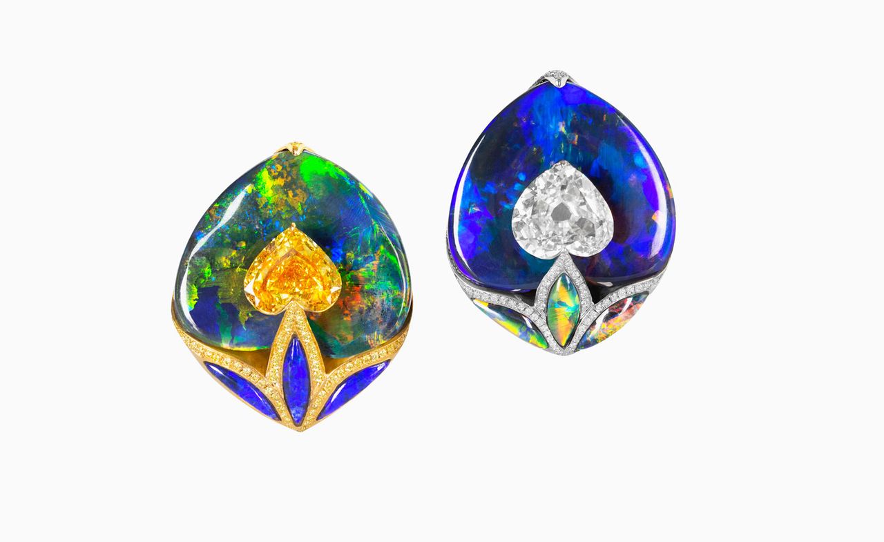 Heart-shaped diamonds and opal earrings