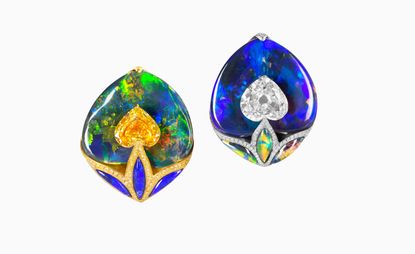Heart-shaped diamonds and opal earrings