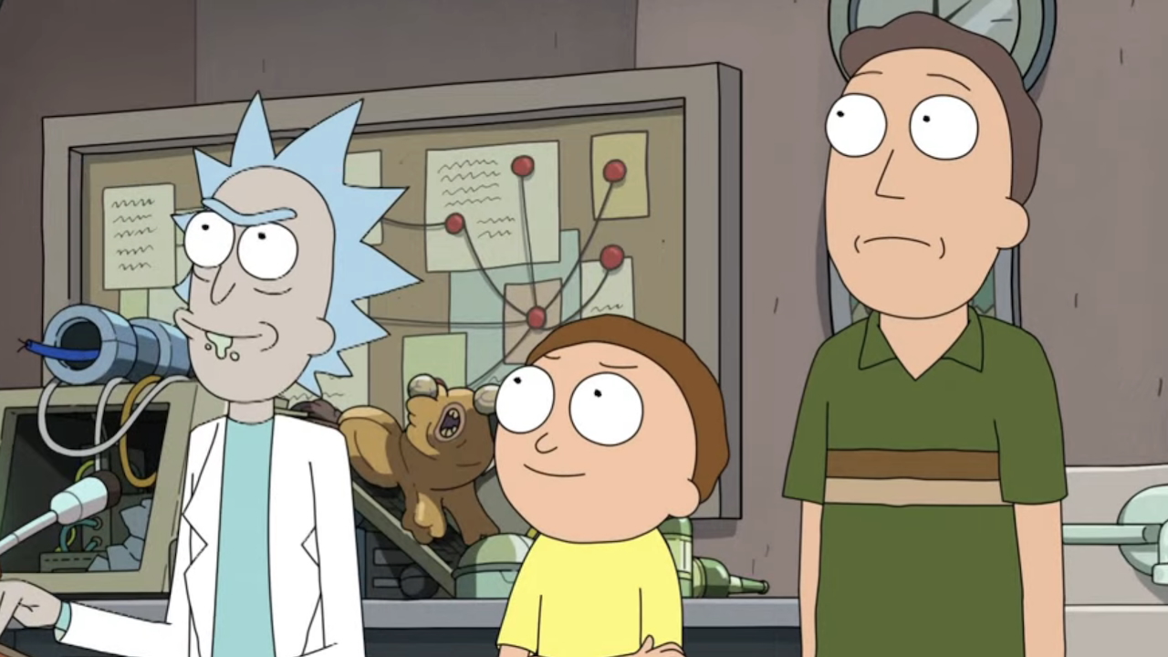 Rick, Morty and Jerry in front of Movie-lizer machine in garage in Rick and Morty Season 8