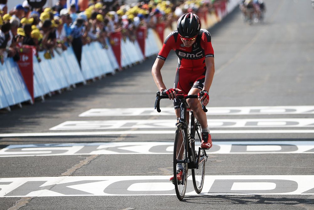 Tejay van Garderen checks his time at the end of stage 14.