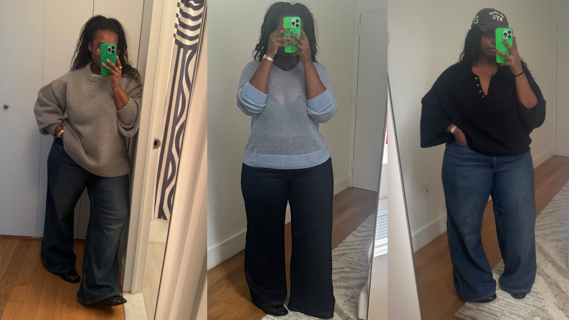 Tariro Makoni posing in front of her mirror wearing three new sweater styles