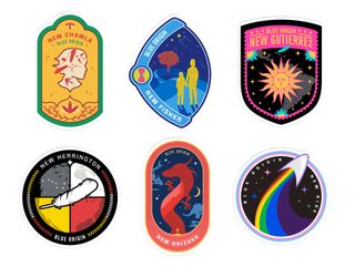 six colorful emblems displaying astronomical and astronautical symbols