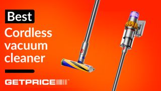 A Dyson V15 Detect on an orange background with the words Best Cordless Vacuum Cleaner