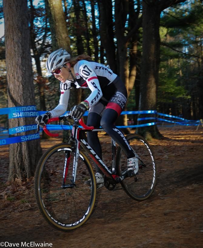 Natasha Elliot (Rare Vos Racing) chasing Amanda Carey in the woods