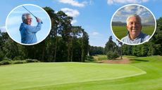 A golf course and two inset images of Jeremy Ellwood, one hitting a golf shot and one selfie