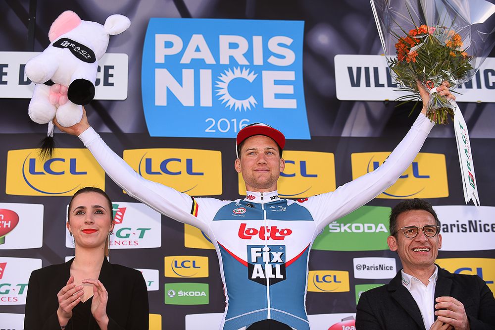 Stage winner Tim Wellens on the final Paris-Nice podium.