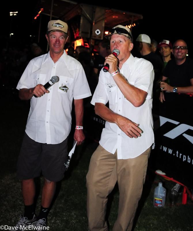 Race announcers Larry Longo (L) and Richard Fries (R) had the crowd whipped up into a frenzy