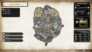 Monster Hunter Rise Rock Lizards Guide: a diagram showing where to find rock lizards in the Sandy Plains