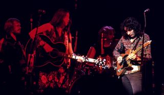 (from left) Emory Gordy, Emmylou Harris, John Ware and Albert Lee perform at the Berkeley Community Theater in Berkeley, California on April 26, 1977