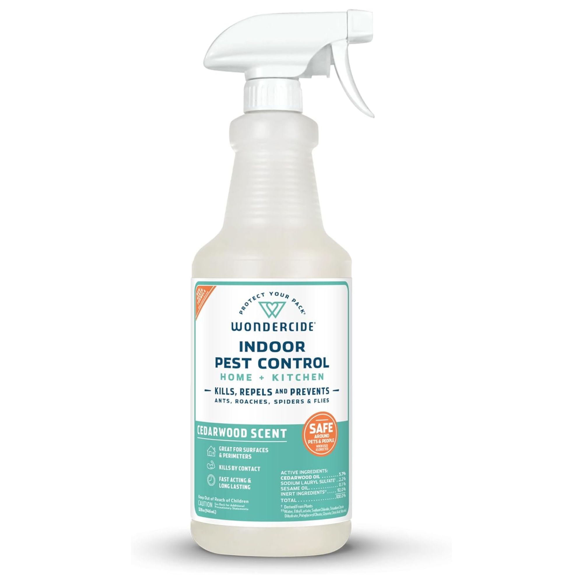 A spray bottle of pest control spray with a blue label and white lid