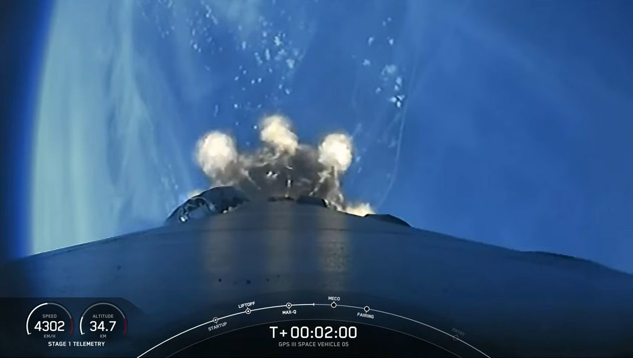 A SpaceX Falcon 9 rocket carrying the GPS III SV05 satellite for the U.S. Space Force launches from Space Launch Complex 40 at the Cape Canaveral Space Force Station in Florida on June 17, 2021.