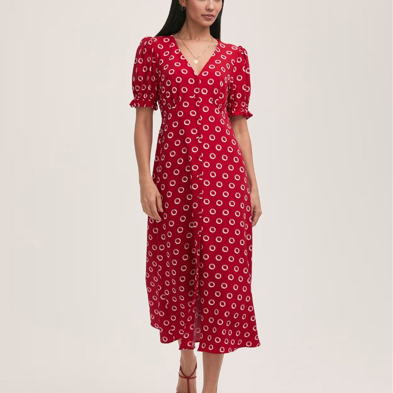 Finery London, Crepe Polka Dot V-Neck Midi Tea Dress