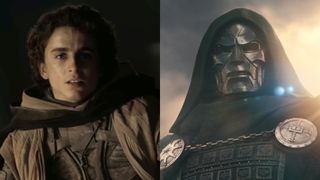 Paul (Chalamet) dressed in sand clothes gives rousing speech in Dune: Part II, Doom looks menacing in Avengers: Doomsday.