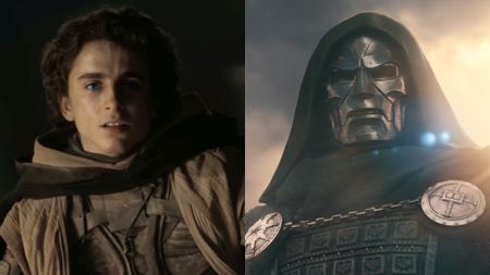 Paul (Chalamet) dressed in sand clothes gives rousing speech in Dune: Part II, Doom looks menacing in Avengers: Doomsday.