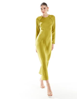 Asos Design Satin Biased Maxi Dress With Button Detail in Chartreuse