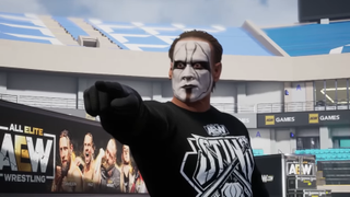 Wrestler Sting in a football stadium pointing.