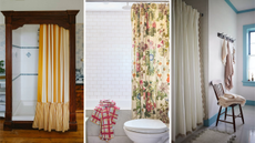 three images of bathrooms with decorative shower curtains 