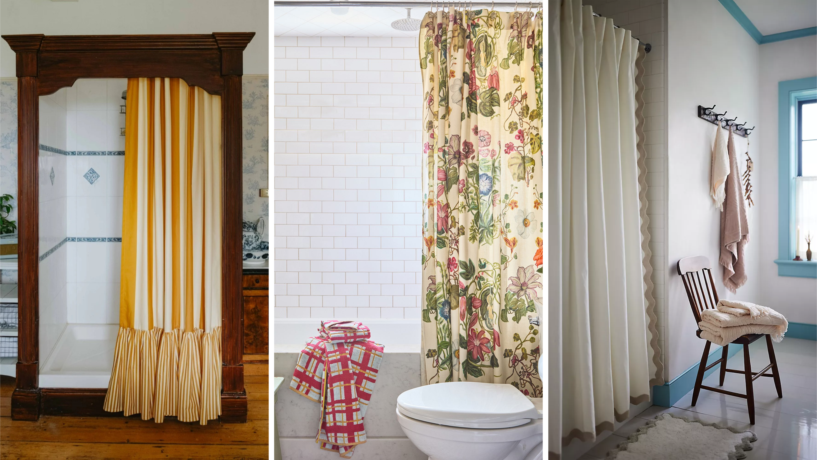 three images of bathrooms with decorative shower curtains 