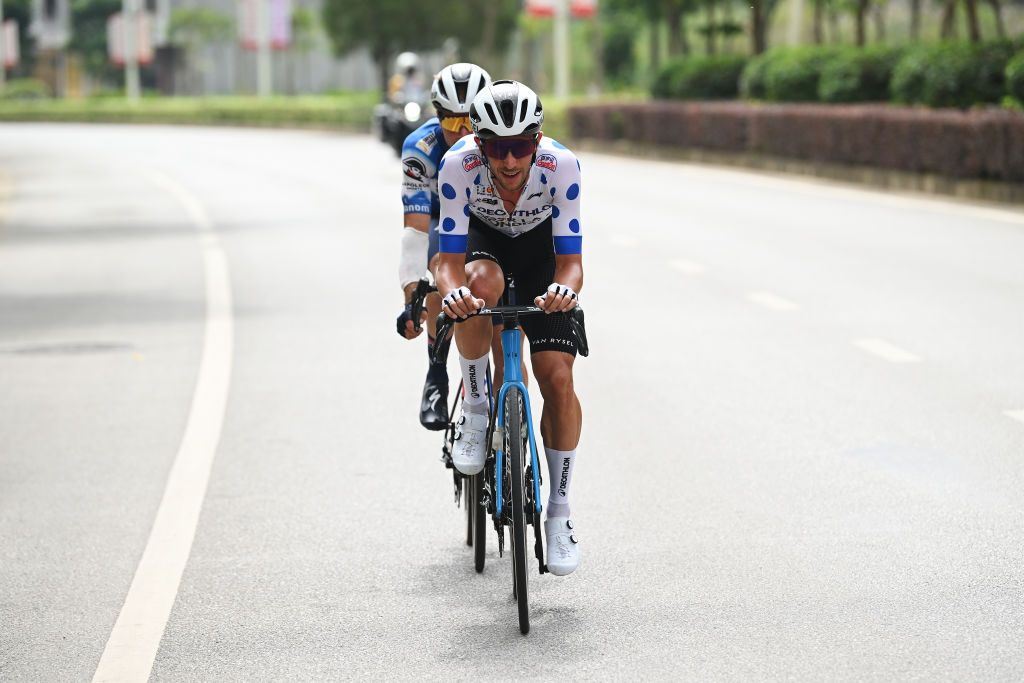 BAMA CHINA OCTOBER 17 Dries De Bondt of Belgium and Decathlon AG2R La Mondiale Team Polka dot Mountain Jersey competes in the breakaway during the 5th GreeTour Of Guangxi 2024 Stage 3 a 214km stage from Jingxi to Bama UCIWT on October 17 2024 in Bama China Photo by Dario BelingheriGetty Images