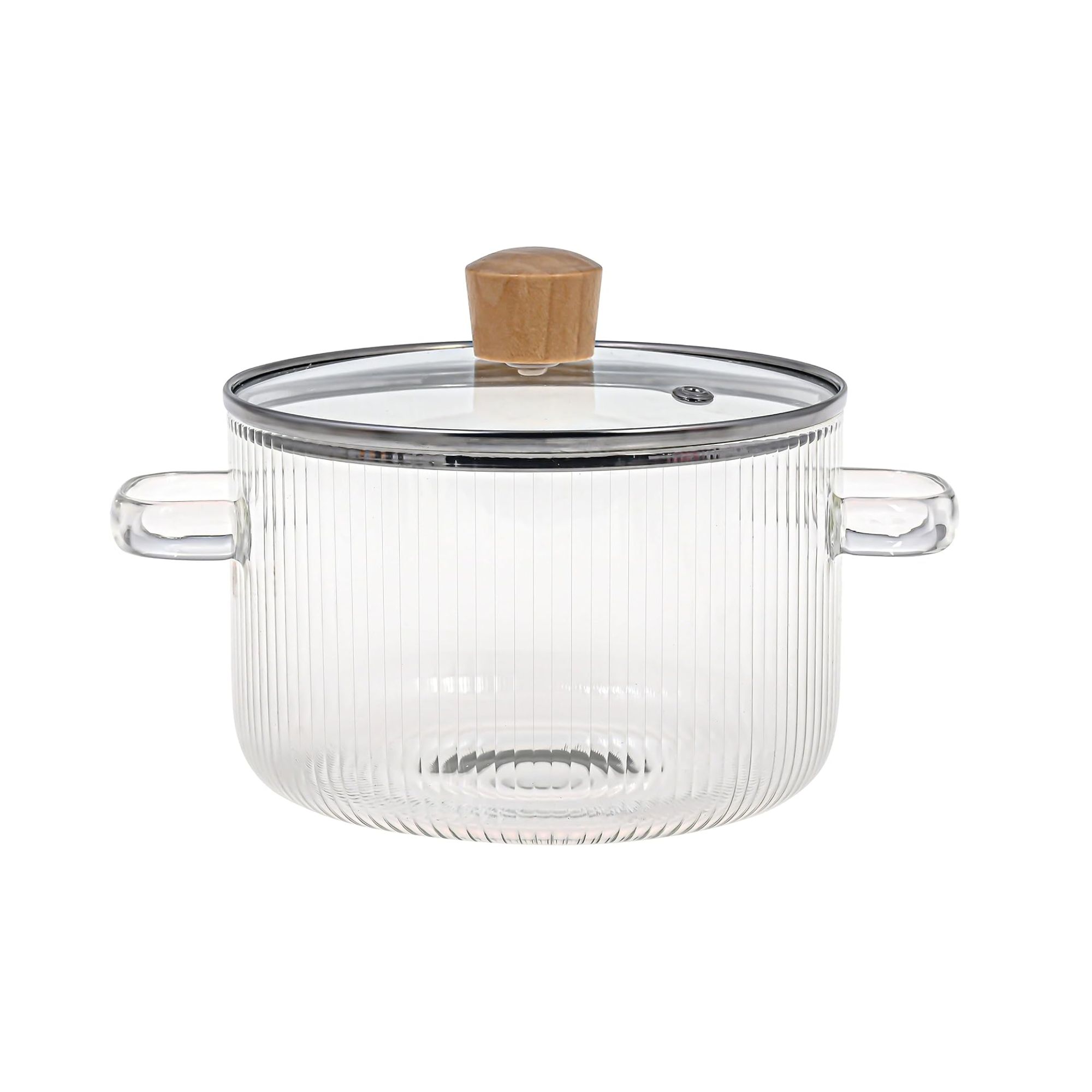 Ribbed glass pot with wooden top handle