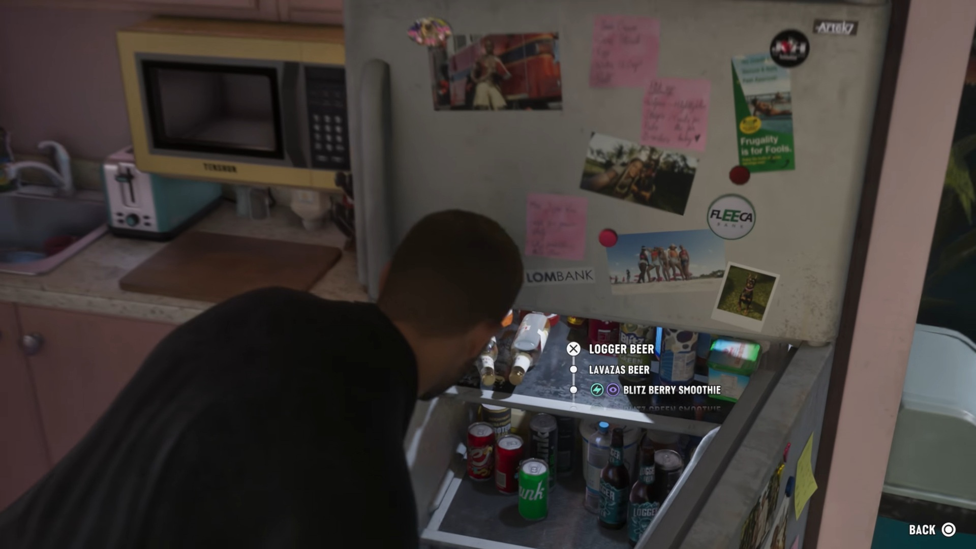 Jason gets a drink from a fridge in GTA 6 and various stickers and photos decorate the fridge door, including a sticker for Fleeca Bank