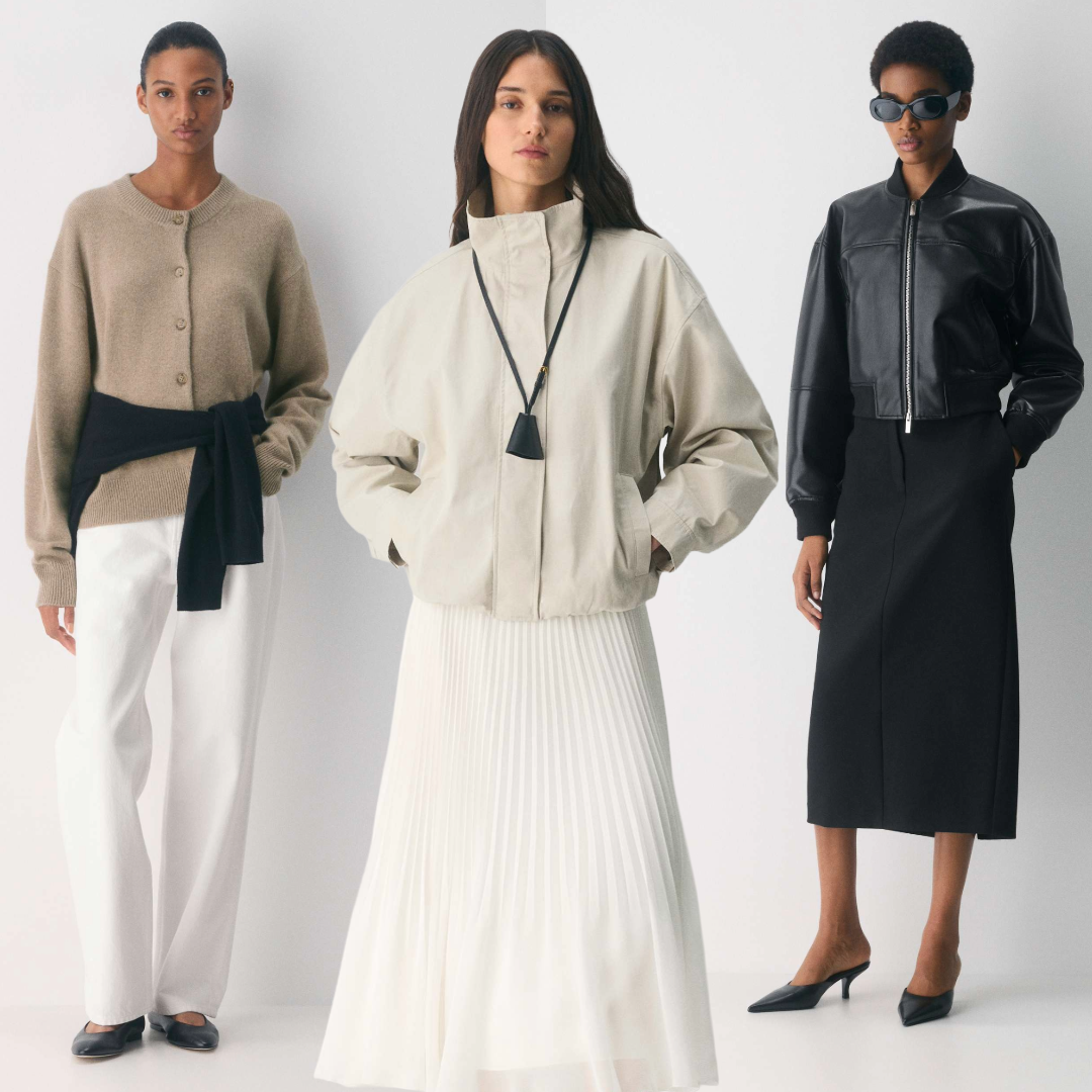 collage of aritzia models in workwear on gradient grey background